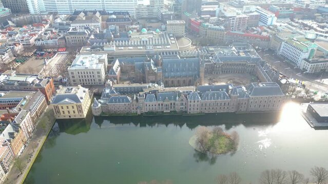 A captivating aerial view of the Binnenhof, the iconic political heart of The Hague, Netherlands, captured from a drone