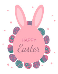 Happy Easter greeting card. Easter eggs and bunny ears on white background.