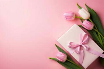 Gift box adorned with pink tulips with pink background. Copy space. High quality photo