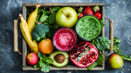 Green fresh juices or smoothies with fruit, greens, vegetables in wooden tray, top view, selective focus. Detox, dieting, clean eating, vegetarian, vegan, fitness, healthy lifestyle concept