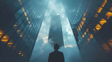Foto op Plexiglas Man Standing in Front of Tall Buildings © olegganko