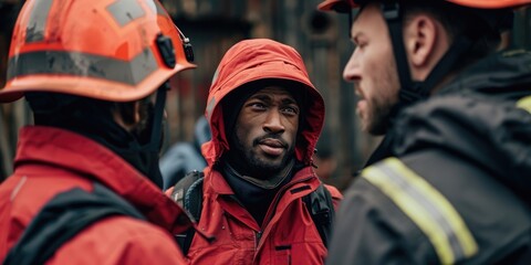 International Firefighters Day, an African American male firefighter talks with colleagues, the concept of dangerous and risky professions