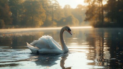 White Swan Swimming on Lake