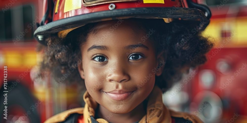 Wall mural International Firefighters Day, portrait of an African-American child girl in a firefighter costume, fire trucks in a fire station, the concept of choosing a profession