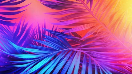 Vibrant Tropical Palm Leaves in Holographic Neon Colors. Minimal Surrealism Concept Art Background.