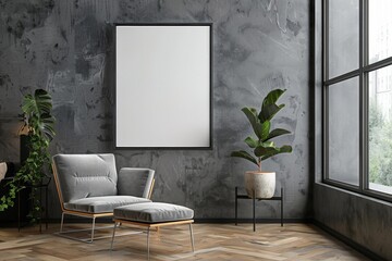 Blank white empty mock up template of a picture/art work with metal frame on living room/