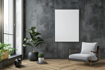 Blank white empty mock up template of a picture/art work with metal frame on living room/