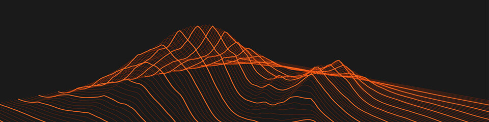 Abstract wireframe background. 3D mesh technology, landscape vector illustration. Parallel non-intersecting continuous lines concept. Orange on black. Extra wide size.