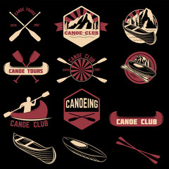 Set of canoe club labels, badges and design elements. Canoe sport. Canoe icon. Vector design elements.