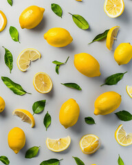Juicy ripe flying yellow lemons, green leaves on light gray background. Creative food concept. Tropical organic fruit citrus vitamin C. Lemon slices Summer minimalistic bright fruit background Pattern