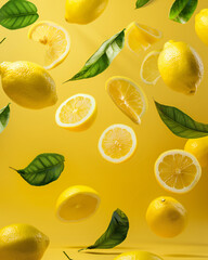 Juicy ripe flying yellow lemons, green leaves floating in the air on light colorful background. Creative food concept. Tropical organic fruit citrus vitamin C. Lemon slices Summer minimalistic bright 
