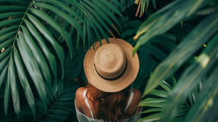 Tropical vacation and traveling concept.  beautiful brunette woman with golden tan,  green leaves, palm trees and tropic nature. - obrazy, fototapety, plakaty