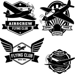 Set of flying club labels and emblems. Aviation labels. Planes icons. Design elements in vector. - obrazy, fototapety, plakaty