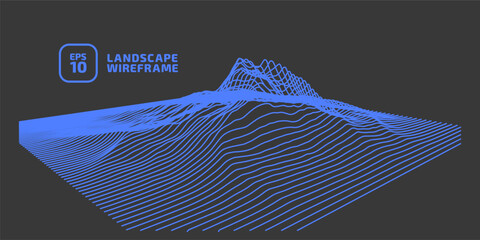 Abstract wireframe background. 3D mesh technology landscape illustration. Object consists of parallel lines. Digital landscape cyberspace in mountains with valleys. Data array. | EPS10 vector.