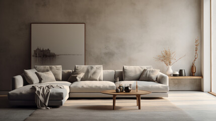 A unique living room with textured walls and a mix of classic and modern decor, featuring a grey sofa and a white side table