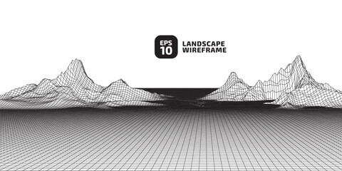 Abstract wireframe background. 3D grid technology illustration landscape. black thin lines on a white background, texture mesh. Digital Cyberspace in the  Mountains with valleys. EPS10 Vector.