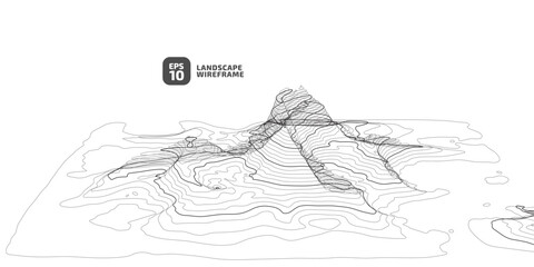 Naklejka premium Abstract wireframe background. 3D grid technology illustration landscape. black thin lines on a white background, texture mesh. Digital Cyberspace in the Mountains with valleys. EPS10 Vector.