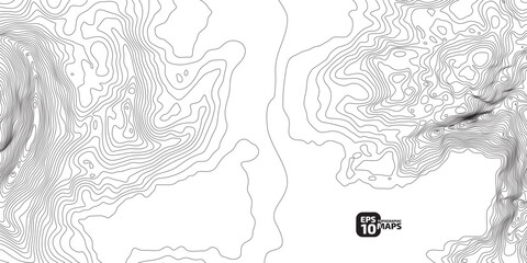 Topographic pattern texture. Black contours on white vector topography. Geographic mountain topographic. Map on land strok terrain. Elevation graphic contour height lines. Vector Illustration.