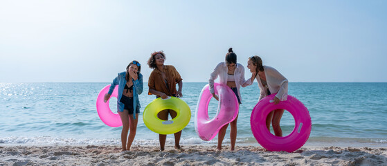 Group of diverse young women smiling on a sunny beach. Youth Friends Enjoying Sea Splash Together.