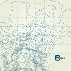 Stylized height of the topographic contour in lines and contours. Сoncept of a conditional geography scheme and the terrain path. Blue stroke on yellow background. 1x1 size. Vector illustration.