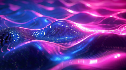 Neon ripple texture. Defocused glow. Iridescent wave. Blur purple blue fluorescent color gradient light curve lines abstract background with free space