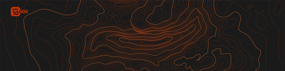 The stylized height of the topographic contour in lines and contours. Conditional geography scheme and the terrain path. 1x1 ratio size side. Orange lines on brown background. Vector illustration.