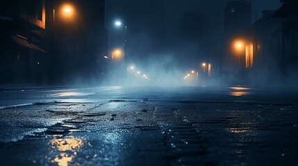 Wet Asphalt Reflecting Neon Lights, Searchlight, Smoke - Abstract Dark Street Scene