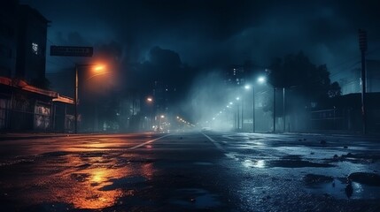 Wet Asphalt Reflecting Neon Lights, Searchlight, Smoke - Abstract Dark Street Scene