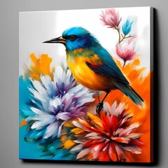 Abstract colorful oil, acrylic painting of bird and spring flower. Modern art paintings brush stroke on canvas. Illustration oil painting, animal and floral. Generative AI