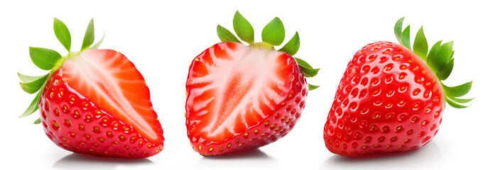 Set of three ripe strawberries, some of them cut, isolated on a transparent background.