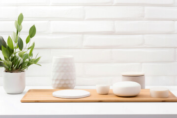 Fototapeta na wymiar Wooden cutting board with houseplant, candles and round white board on white table with white brick wall background. High quality photo