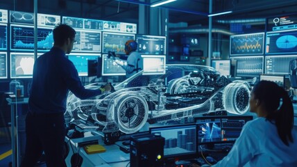 Engineer monitoring a robotic car's performance in a high-tech control room, emphasizing human-machine collaboration in development