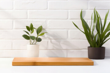 Empty wooden board with two houseplants on a white table against a white brick wall background. High quality photo