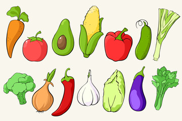painted set with  fresh vegetables, hand drawn vegetables 