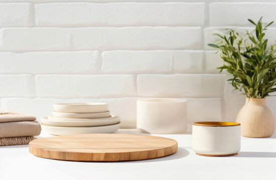 Wooden round podium, pile of plates and houseplant on white counter in front of white brick wall with copy space. High quality photo
