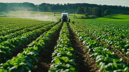 A drone sprays crops in an expansive green field, illustrating advanced agricultural techniques and precision