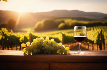 a glass of wine and a bunch of grapes on a wooden windowsill, a view from the window of a grape...