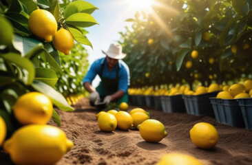 plantation worker harvests, lemon plantation to the horizon, fresh yellow ripe lemons on the branches of a lemon tree, harvesting, lemon garden, sunny day