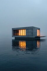 Minimalist architecture juxtaposed against the serene sea, bathed in gentle light, inspired by High-tech design