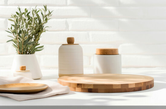 Wooden cutting board, plates, jars, potted plant on a white table with brick wall background. High quality photo