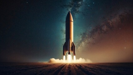 A rocket started from ground to space in starry night. - obrazy, fototapety, plakaty