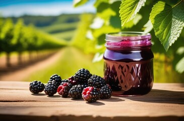 glass jar of blackberry jam, ripe blackberries, blackberry bushes on the background, orchard, sunny day - obrazy, fototapety, plakaty