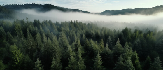 Twilight descends on an enchanted coniferous forest, with mist weaving through the evergreen trees.