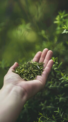 hand holding a handful of herb leaves - obrazy, fototapety, plakaty