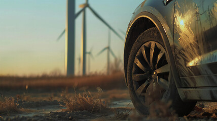close-up of an electric car refueling on the background of wind power stations. advertising photo of green energy. Generative AI - obrazy, fototapety, plakaty