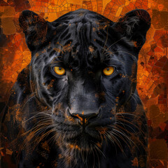 Head of the black panther, graphic illustration with dynamic splash background. Wild angry predator. An aggressive feline animal. Close-up.