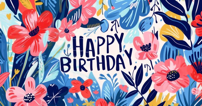 HAPPY BIRTHDAY painted with flowers and leaves on a colorful background Generative AI