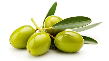 A single olive branch bearing two ripe green olives, displayed in isolation against a white background. - obrazy, fototapety, plakaty