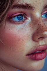 Fototapeta premium A detailed close-up portrait with freckles and blue eyes, enhanced by subtle makeup for a calm expression.