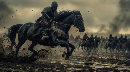 a warrior on a black horse galloping in the heat of battle. Generative AI